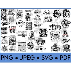 May include: A collection of black and white Apache-themed logos and graphics. The designs include text such as "Apaches", "Let's Go", and various sports like football and basketball. File formats are listed as PNG, JPEG, SVG, and PDF.