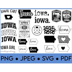 May include: A collection of black and white Iowa-themed graphics, including state outlines, text, and icons. The designs feature phrases like "Iowa Girl," "Home," and "Love," along with file type options: PNG, JPEG, SVG, and PDF.