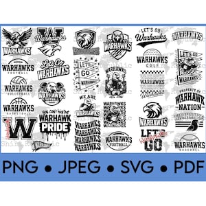 May include: A collection of black and white Warhawks logos and graphics, including eagles, footballs, and the text "Warhawks" in various fonts. The image also includes the file types: PNG, JPEG, SVG, and PDF.
