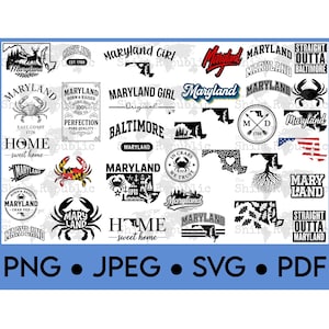 May include: A collection of Maryland-themed graphics in black, white, red, and blue. Designs include crab illustrations, state outlines, and text such as "Maryland Girl" and "Baltimore." The bottom of the image displays file type options: PNG, JPEG, SVG, and PDF.