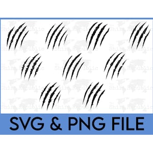 May include: Black claw marks arranged in a pattern on a white background. The image includes the text "SVG & PNG FILE" in a blue rectangle at the bottom. The claw marks are a digital design element.