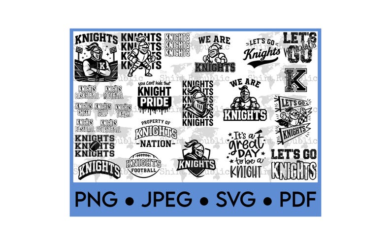 May include: A collection of black and white "Knights" themed graphics. The designs include knight illustrations, text like "Knight Pride", "Let's Go Knights", and sports-related terms. Formats include PNG, JPEG, SVG, and PDF.
