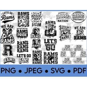 May include: A collection of black and white graphics featuring the word "Rams" with various designs, including a ram mascot, football, and text like "Let's Go Rams." The image also includes file type options: PNG, JPEG, SVG, and PDF.