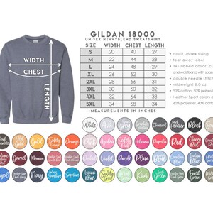 May include: A heather blue Gildan 18000 unisex heavyblend sweatshirt. The image shows size, width, chest, and length measurements in inches. Color options include white, black, and various shades of blue, green, and red.