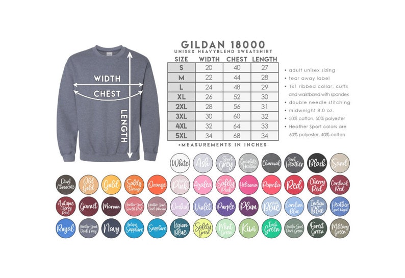 May include: A heather blue Gildan 18000 unisex heavyblend sweatshirt. The image shows size, width, chest, and length measurements in inches. Color options include white, black, and various shades of blue, green, and red.
