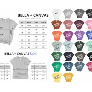 Puede incluir: Una tabla de tallas para camisetas unisex para adultos y j&oacute;venes Bella + Canvas. La tabla muestra las medidas de ancho, pecho y largo para cada talla. La tabla tambi&eacute;n incluye una tabla de colores con 28 colores diferentes de jaspeado.