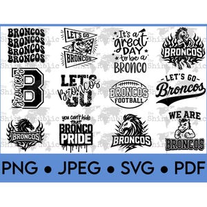 Puede incluir: Una colección de gráficos en blanco y negro con temática de los Broncos. Los diseños incluyen texto como "Broncos", "Let's Go" y "Bronco Pride", junto con un balón de fútbol y un logotipo de caballo. Formatos de archivo: PNG, JPEG, SVG y PDF.