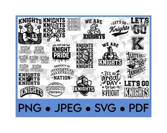 Può includere: Una collezione di grafiche in bianco e nero a tema "Knights". I disegni includono illustrazioni di cavalieri, testo come "Knight Pride", "Let's Go Knights" e frasi legate allo sport. Formati: PNG, JPEG, SVG e PDF.