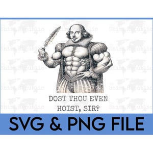 Op de afbeelding: Een zwart-witte illustratie van een gespierde man met een ganzenveer in zijn hand. De man draagt een kraag en een tuniek. De tekst onder de afbeelding luidt "Dost thou even hoist, sir?" en "SVG & PNG FILE".