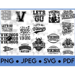 以下が含まれることがあります： 黒と白のバイキングをテーマにしたグラフィックのコレクション。「Let's Go Vikings」などのテキスト、バイキングのヘルメット、フットボールなどのデザイン。ファイル形式：PNG、JPEG、SVG、PDF。
