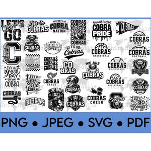 Könnte beinhalten: Eine Sammlung von schwarz-weißen Cobra-Themen-Grafiken mit Texten wie "Let's Go Cobras" und "Cobra Pride". Das Bild enthält auch Dateityp-Optionen: PNG, JPEG, SVG und PDF.