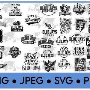 Puede incluir: Una colección de logotipos y gráficos en blanco y negro del equipo Blue Jays. Incluye texto como "Blue Jays", "Football", "Cheer" y "Let's Go". La imagen también enumera formatos de archivo: PNG, JPEG, SVG y PDF.