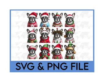 Bulldog francés en formato SVG para Navidad, Frenchie en formato PNG, lindo perro navideño, mamá Frenchie, regalo para amantes del bulldog francés, perro divertido en formato digital, perro con sombrero de Papá Noel