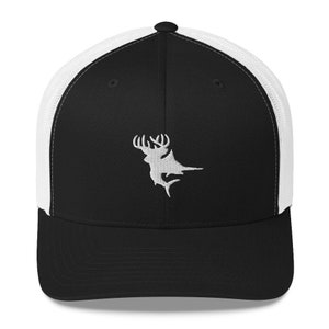 May include: A black and white trucker hat with a white embroidered design of a deer with antlers and a fish.