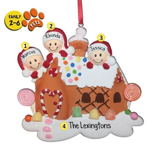 Gingerbread House Ornament - Personalized Family Christmas Ornaments - Optional Pets - Holiday Activities - Candy - Gumdrops - Lollipops