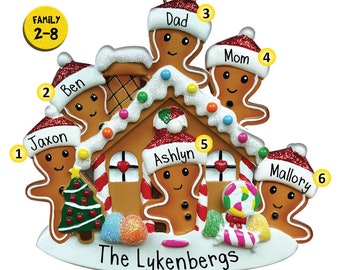 Personalized Gingerbread House Ornament Family of 2,3,4,5,6,7,8 - Holiday Theme - 1st Christmas - Large Family - Free Personalization