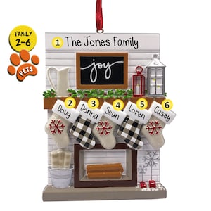 Personalized Fireplace Ornament Family of 2,3,4,5,6 - Christmas Joy - Stockings by the Fire - with Pets - White Brick - Country Home