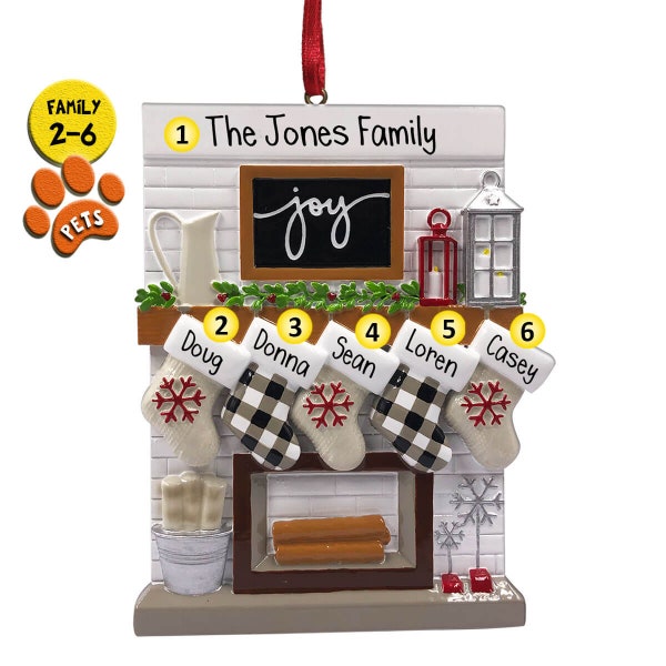 Personalized Fireplace Ornament Family of 2,3,4,5,6 - Christmas Joy - Stockings by the Fire - with Pets - White Brick - Country Home