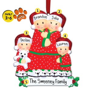 Christmas Family in Red Pajamas - Personalized Ornaments - Christmas Morning - Holiday PJs - Bunny Slippers - Optional Pets - Dog Families