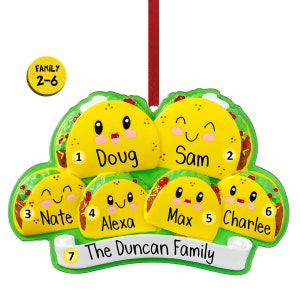 Personalized Taco Family Christmas Ornament - Taco Tuesday - Mexican Food - Burritos - Cheese - Lettuce - Tomatoes - Salsa - Food Lovers