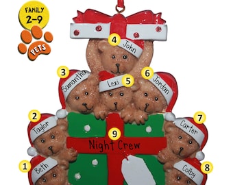 Family Christmas Ornament - Personalized Gifts - Large Families - Opening Gifts - Optional Pet - Brown Bears - Teddy Bear - Engraved