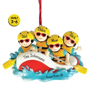 Adorno navideño personalizado para familia haciendo rafting - Aventura en balsa en aguas bravas - Río Colorado - Rápidos - Flotar - Remos - 2, 3, 4, 5, 6