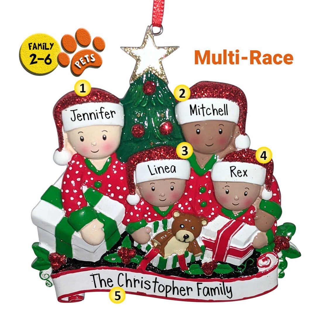Mixed Race Ornament Personalized Christmas Ornaments Presents Optional Pets Traditions Sitting