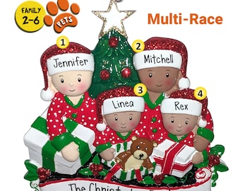 Mixed Race Ornament - Personalized Christmas Ornaments - Presents - Optional Pets - Traditions - Sitting by the Tree - Family Gift Ideas
