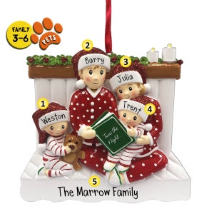 Christmas Eve Book Family Ornament - Reading in Bed - Optional Pets - Staying Up Late - Perfect Handwriting - Free Personalization