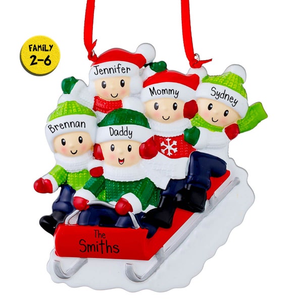 Personalized Family Riding Red Sled Christmas Ornament - Sledding Down a Hill - Fun in the Snow - Winter Joy - Toboggan