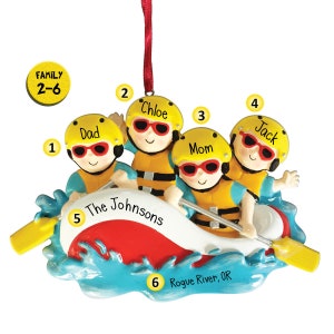 Adorno navideño personalizado para rafting en familia. Aventura en balsa por aguas bravas. Río Colorado. Rápidos. Flotador. Remos. 2, 3, 4, 5, 6