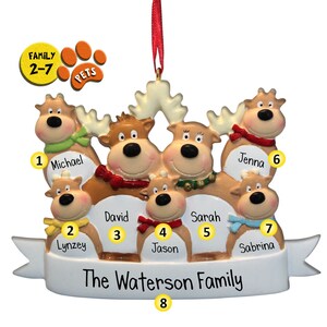 Reindeer Christmas Family Ornament with Colorful Scarves of 2,3,4,5,6,7 - Personalized with Pets - Large Families - Perfect Handwriting