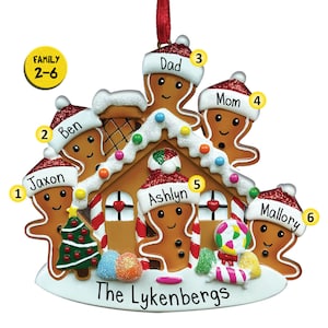 Personalized Gingerbread House Ornament Family of 2,3,4,5,6,7,8 - Holiday Theme - 1st Christmas - Large Family - Free Personalization