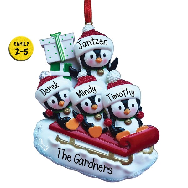 Penguin Family Ornament - Personalized Christmas Ornaments -  Winter - Sledding Down the Mountain - Fun in the Snow - Perfect Handwriting