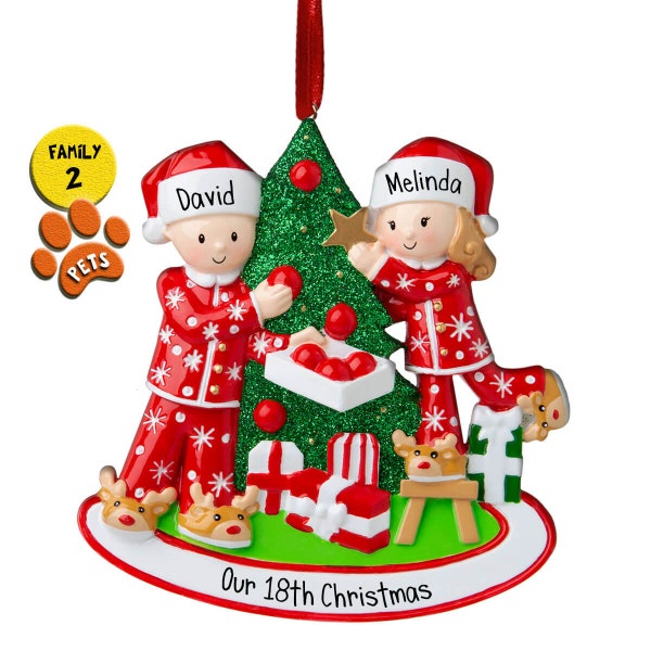 1st Christmas Ornament Decorating the Tree Couple - Personalized - Family of 2 - Optional Pets - Perfect Handwriting - Christmas Eve Morning