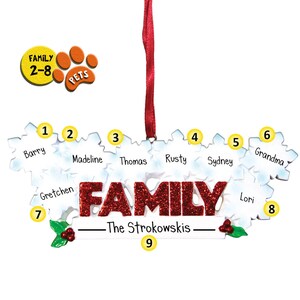 Personalized Family with Snowflakes - 8 Christmas Ornament - Large Families - Extended - Office Workers - Cousins - Free Personalization
