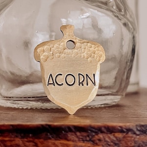 Custom Personalized Dog Tag, Pet ID Tag, Metal Hand Stamped Dog Tag | Autumn, Fall | Acorn (With Texture and Textured Edges) 1&quot; x 1 1/4&quot;