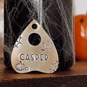 Custom Personalized Dog Tag, Pet ID Tag, Metal Hand Stamped Dog Tag | Bats, Spider Web, Pumpkin | Halloween Night Planchette Shaped Dog Tag