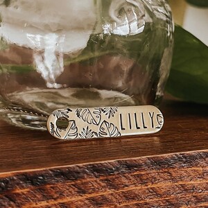 Custom Personalized Dog Tag, Pet ID Tag, Metal Hand Stamped Dog Tag | Plants, Plant Lady, Monstera, Jungle, Leaves | Tropical Oblong Shaped