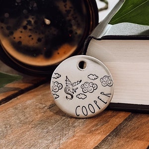 Custom Personalized Dog Tag, Pet ID Tag, Metal Hand Stamped Dog Tag | Cloud, Book, Dragon | Dragon in The Clouds