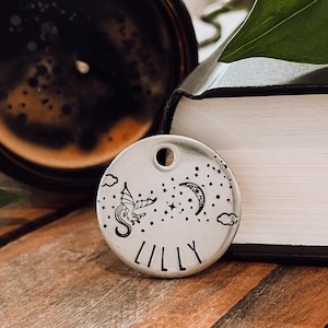 Custom Personalized Dog Tag, Pet ID Tag, Metal Hand Stamped Dog Tag | Moon, Stars, Clouds, Book, Dragon | Night Sky Dragon