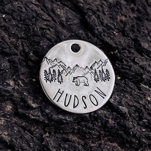 Custom Personalized Dog Tag, Pet ID Tag, Metal Hand Stamped Dog Tag | Bear, Mountains, Trees | Wilderness Design 1 1/4&quot;