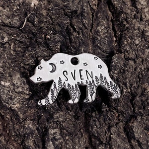 Custom Personalized Dog Tag, Pet ID Tag, Metal Hand Stamped Dog Tag | Wilderness Bear Shaped Dog Tag 3/4&quot; x 1 3/8&quot;