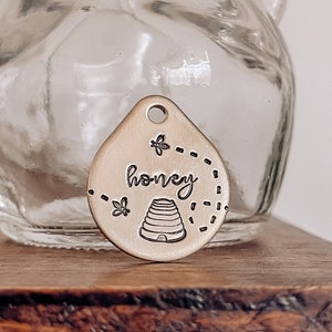 Custom Personalized Dog Tag, Pet ID Tag, Metal Hand Stamped Dog Tag | Bee, Honey, Beehive | Honey Bee Design Tear Drop Shaped 1" x 1 1/8"