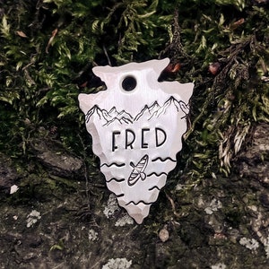 Outdoor Explorer (With Texture) Arrowhead Shaped ID Tag 1&quot; x 1 3/8&quot;, Metal Hand Stamped Custom Dog Tag | Explore, Canoe, Kayak, Mountains