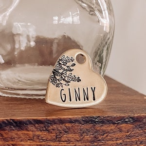 Custom Personalized Dog Tag, Pet ID Tag, Metal Hand Stamped Dog Tag | Heart, Flowers, Floral, Valentine&#39;s Day | Floral Heart Design Shaped