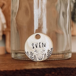 Custom Personalized Dog Tag, Pet ID Tag, Metal Hand Stamped Dog Tag | Winter, Christmas, Trees, Holiday | Forest Reindeer Design Dog ID Tag