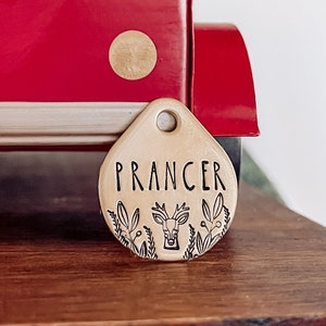 Custom Personalized Dog Tag, Pet ID Tag, Metal Hand Stamped Dog Tag | Reindeer + Winter Garland Design Tear Drop Shaped 1&quot; x 1 1/8&quot;