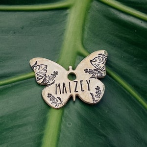 Custom Personalized Dog Tag, Pet ID Tag, Metal Hand Stamped Dog Tag | Summertime Floral Design Butterfly Shaped Dog Tag 1&quot; x 1 1/2&quot; Textured