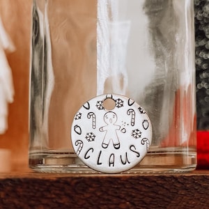 Custom Personalized Dog Tag, Pet ID Tag, Metal Hand Stamped Dog Tag | Winter, Christmas, Snow, Holiday | Gingerbread Design Dog ID Tag